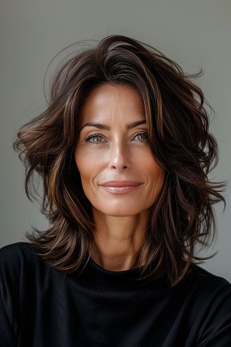 Dark Brown Hair Over 50 Older Women, 50 Hairstyles Women Over, Strong Cheekbones, Getextureerde Bob, Very Layered Hair Medium Over 50, Over 50 Haircuts, Haircut Over 50, Brown Mid Length Hair, Hairstyle For Women Over 50