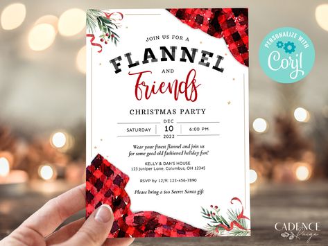 "Celebrate the holidays with a fun and casual holiday party! This customizable Flannel & Friends Christmas party invitation will invite guests to wear their favorite flannel and enjoy a cozy holiday party! The invite features watercolor sprigs of evergreen and buffalo plaid flannel accents.  ♥ DEMO LINK ♥ Try before buying! Simply copy and paste the URL below into your browser: https://www.corjl.com/d/3IK104 The word \"FLANNEL\" is not editable. See photo for reference. EDITABLE FILE You persona Flannel Christmas Party Invitation, Flannel And Favorites Party, Fun Party Invitation, Flannel Christmas Party Theme, Flannel Christmas Party, Company Christmas Party Ideas, Friends Holiday Party, Christmas Party Themes For Adults, Flannel Party