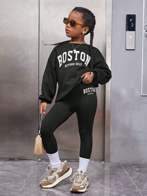 Black Casual Collar Long Sleeve  Letter  Embellished Slight Stretch  Tween Girls Clothing Girls School Outfits, Preteen Fashion, Old Outfits, Stylish Kids Outfits, Preppy Look, Flare Leg Pants, Sporty Outfits