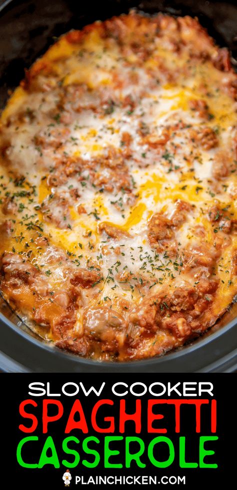 Slow Cooker Spaghetti Casserole - so easy to make with only 8 ingredients! No need to precook the pasta! It cooks right in the crockpot!! This is on repeat in our house! Ground round, Italian sausage, spaghetti noodles, spaghetti sauce, diced tomatoes, Italian seasoning, cheddar cheese, and parmesan cheese. Ready to eat in 4 hours. All you need is a quick salad and some crusty bread and dinner is done! #slowcooker #crockpot #spaghetti #casserole #spaghetticasserole #groundbeef #sausage Slowcooker Pasta, Italian Sausage Spaghetti, Slow Cooker Pasta Recipes, Crockpot Pasta, Slow Cooker Spaghetti, Sauce Spaghetti, Sausage Spaghetti, Crockpot Casserole, Easy Crockpot Dinners