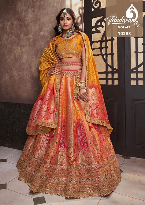 ROYAL VRINDAVAN BRIDAL AND BRIDEMAID LEHENGA CHOLI ALL READY STOCK Anarkali Lehenga Gowns, Wedding Mehendi, Orange Lehenga, Anarkali Lehenga, Sequence Embroidery, Yellow Lehenga, Wedding Saree Collection, Salwar Dress, Yellow Ombre