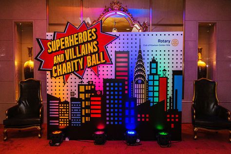 Corporate Party Theme, Superhero Themed Party, Superhero Backdrop, Superhero Vbs, Auction Themes, Villains Party, Comic Party, Superhero Decorations, Charity Ball