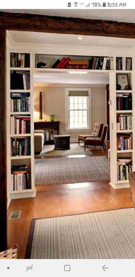 Doorway Cabinet Ideas, Shelving Around Door, Built In Shelf Room Divider, Bookcase Surrounding Door, Living Room Doorway Ideas, Archway With Shelves, Shelving Over Doorway, Shelves Above Doorway, Shelves Over Doorway