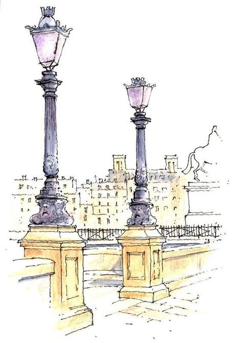 watercolor bridge A Drawing, Cityscape, Lamps, Sketch, Paris