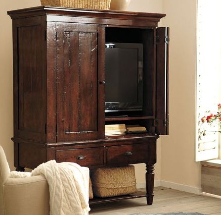 Master Bedroom Essentials: $100 Room Challenge » The Tattered Pew Tv Cabinets With Doors, Hidden Tv Cabinet, Traditional Bookcases, Computer Armoire, Tv Armoire, Stools Kitchen, Hidden Tv, Island Table, Mahogany Stain