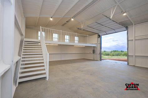 Custom Garage with Porch & Loft – Custom Barns And Construction 30x60 Shop With Living Quarters, Metal Shop Loft Ideas, Garage With Storage Loft, 30x50 Shop With Living Quarters, Pole Barn Hangout Ideas, Garage Sitting Area, Shop With Porch, Shop With Loft Living Quarters, Big Garage Ideas