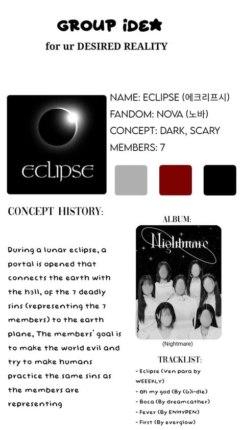 Eclipse Kpop Group, Kpop Imagines English, Kpop Group Introduction Ideas, Own Gg Dr Ideas, Kpop Dr Group Ideas, Kpop Gg Name Ideas, Kpop Dr Group Name Ideas, Idol Group Name Ideas, Fake Kpop Group Name Ideas Logo