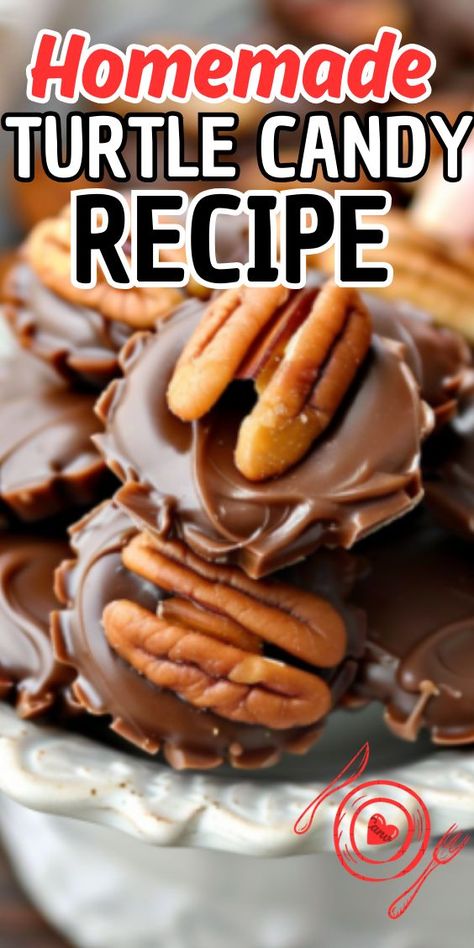 Easy Homemade Turtle Candy—a delightful treat that's perfect for satisfying your sweet cravings or gifting to loved ones. These homemade turtles are a classic confectionery favorite, featuring buttery caramel and toasted pecans, all topped with a drizzle of smooth chocolate for a truly decadent experience. Homemade Turtle Candy, Candied Nuts Recipe, Homemade Turtles, Turtle Candy, Turtles Candy, Crockpot Candy, Candy Videos, Chocolate Turtles, Decadent Chocolate Cake