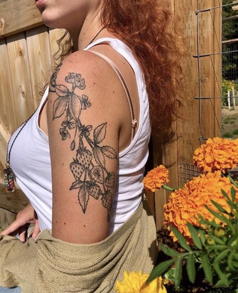 Senior Tattoo Ideas, Arms Sleeve Tattoo Women, Upper Arm Flower Tattoo Half Sleeves, Strawberry Vine Arm Tattoo, Starting A Sleeve Tattoo Women, Big Upper Arm Tattoos Women, Botanical Sleeve Tattoos For Women, Outdoorsy Tattoos Nature Women, Tattoos For Ur Mom