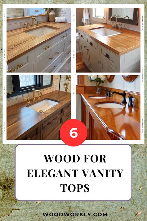 Discover exquisite wood options to elevate the aesthetics of your vanity tops. Gain insights into their beauty, durability, and unleash your creativity to craft stunning bathroom focal points. Say goodbye to ordinary and hello to extraordinary elegance with WoodWorkly! #WoodworkingTips #VanityTops #WoodSelection #DIYProjects #Craftsmanship #HomeImprovement Wood Vanity Top Bathroom, Wood Countertops Bathroom, Wood Countertop Bathroom, Wood Bathroom Countertop, Wood Vanity Top, Light Wood Bathroom Vanity, Natural Wood Bathroom Vanity, Wooden Bathroom Vanity, Driftwood Stain