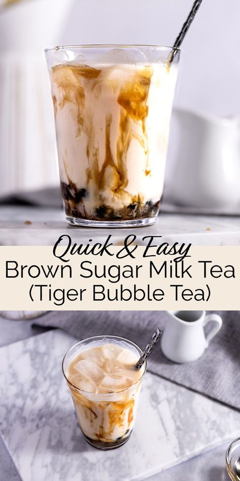 This brown sugar milk tea (tiger milk tea or tiger bubble tea) is easy to make with just a few ingredients at home. Not only does this bubble tea taste delicious, but it also looks amazing! Tiger Bubble Tea, Tiger Milk Tea Recipe, How To Make Brown Sugar Milk Tea, Easy Milk Tea Recipe, Honey Milk Tea Recipe, Brown Sugar Syrup For Boba, Iced Milk Tea Recipe, Milk Tea Recipe No Boba, Oolong Milk Tea Recipe