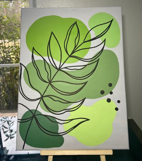 Canvas Painting With Stencils, Minimal Acrylic Painting Ideas, Yellow And Green Painting Ideas, Plant Acrylic Painting Easy, Plants Abstract Painting, Easy Paintings For Home Decor, Easy Greenery Painting, Green Plant Painting Easy, Greenery Canvas Painting