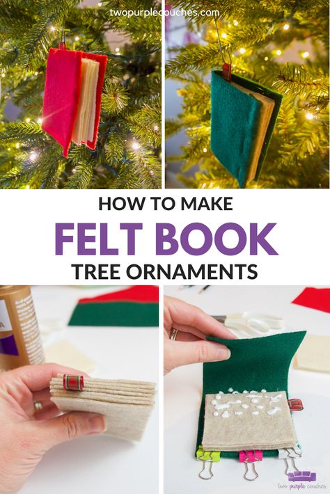 These DIY felt book ornaments are the perfect felt craft for the book lover, librarian, English teacher or book clubbers in your life! Check out this tutorial to make your own cute mini felt books. #feltbookornaments #feltcrafts #booklovers #bookcrafts #feltcraftsideas #DIYgiftideas #diygifts #diyornaments Geeky Christmas Tree, Booklover Gifts Diy, Ornaments For Book Lovers, Diy Booklover Crafts, Christmas Ornaments For Book Lovers, Book Tree Ornaments, Diy School Ornaments, Book Paper Ornaments Diy, Library Ornaments Diy