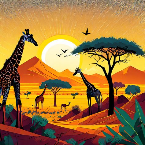 #safari #giraffes #elephants #africa #threes #lion #tanzania #sunset #sun #savanna #animals #desert #montagnes #art #ai #design #roadtrip Savanna Africa, Safari Tattoo, Hallway Painting, Africa Illustration, Savanna Biome, Africa Drawing, Biomes Project, Lion King Poster, Africa Decor