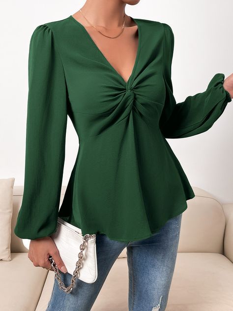 Dressy Blouses For Women, Twist Blouse, Cotton Tops Designs, Winter Blouses, Stylish Tops For Women, Blouse Casual Fashion, Lantern Sleeved Blouses, Women Blouses Fashion, Feminine Blouses