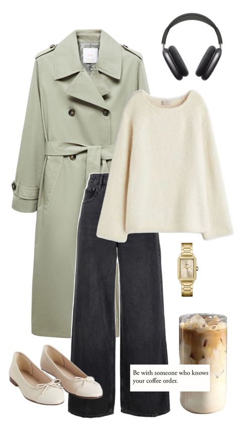 Winter cream and sage green outfit Green Fall Outfit, Green Coat Outfit, Sage Green Outfit, Green Jacket Outfit, Coffee Date Outfit, Coffee Date Outfits, Color Clothes, Date Outfit, Uni Outfits