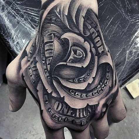 Man With Hand Tattoo Of Detailed Money Rose One Hundred Dollar Bills Bandana Tattoo, Money Rose Tattoo, Hand Tatts, Dollar Tattoo, Herren Hand Tattoos, Rose Tattoo Stencil, Tattoo Roses, Rose Hand Tattoo, Money Rose