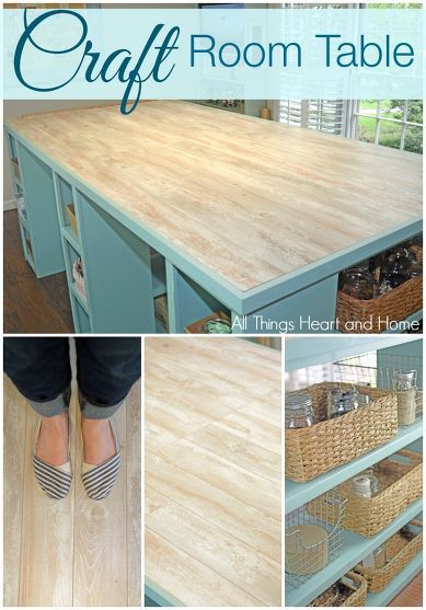 DIY Craft Room Table made into a kitchen island! Countertops out of laminate flooring or hard wood floorig?! Craft Room Table, Craft Tables With Storage, Craft Room Tables, Craft Table Diy, Dream Craft Room, Craft Room Design, Sewing Room Organization, Diy Casa, Diy Craft Room