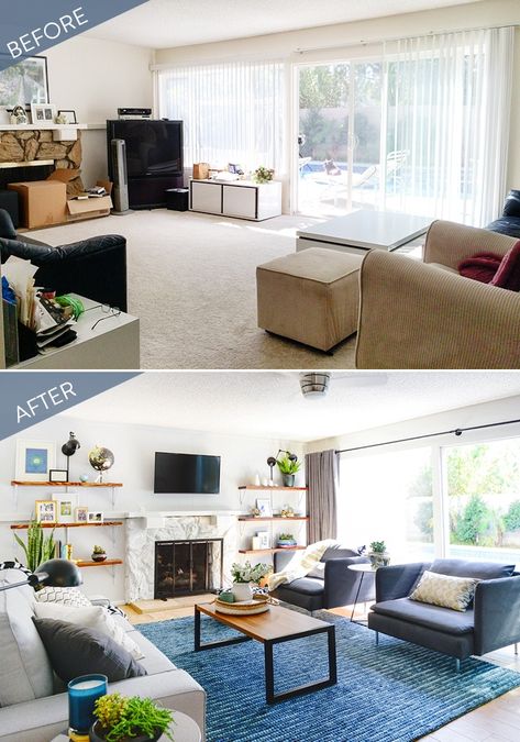 A stylish makeover took this living room from dull to full of life. Check out all the details of this transformation from Yellow Brick Home. 70s Basement, Renovation Basement, Bedrooms Romantic, Laundry Basement, Fireplace Light, Basement Shelving, Basement Stair, Basement Paint, Brick Fireplaces