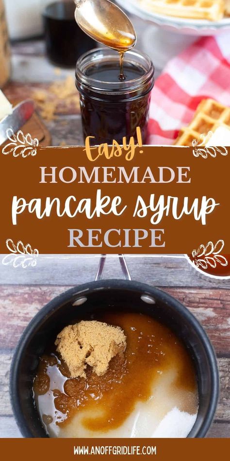 Easy homemade pancake syrup recipe text overlay on image of syrup in a jar with a spoon. Homemade Pancake Syrup, Pancake Syrup Recipe, Homemade Maple Syrup, Easy Homemade Pancakes, Homemade Pantry, Simple Syrup Recipes, Pancake Syrup, Tandoori Masala, Homemade Condiments