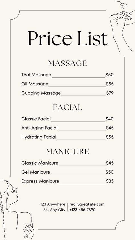 Canva Template Design by Ksuview. #Canva #Canvatemplate #Canvacreator #Canvacontributor #Canvadesign #Template #Aesthetic #Cozy #Modern #Business Massage Price List, Spa Price List, Massage Prices, Spa Prices, Price List Template, Aesthetic Cozy, Black Minimalist, A Massage, List Template