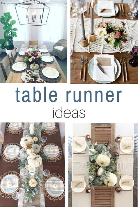 Beautiful fall cottage farmhouse table runner ideas from DIY burlap to easy autumn dining room pieces.  Elegant modern simple designs in plaid, macrame, ticking fabrics and drop cloths.  Rustic design in cow hide or cowhide too.  Decorate your dining Rooms with pumpkins, centerpieces using runners in lace, flannel blankets, and stripes or even Window Shutters. | gold Dining Room Table Runner Ideas Decor, Table Scarf Ideas, Dining Table Cloth Ideas, Farmhouse Table Runner Ideas, Dining Table Runner Ideas, Table Runners Modern, Dining Room Table Runner, Table Runner Ideas, Fall Runner