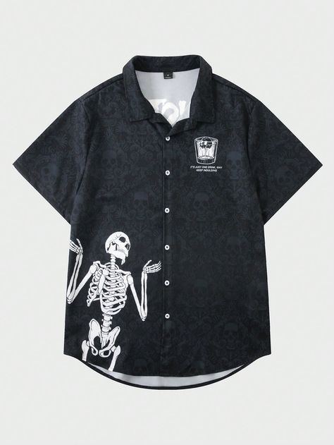 ROMWE Goth Guys Skeleton Print Button Front Shirt Goth Button Up Shirt, Goth Men, Letter Shirt, Goth Guys, Goth Shirt, High School Outfits, Summer Goth, Fashion Male, Skeleton Print