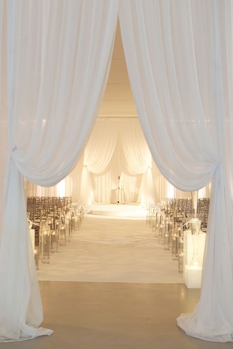 White drapery at indoor wedding ceremony - beautiful wedding aisle!  ~  we ❤ this! moncheribridals.com Wedding Drapery, Indoor Wedding Ceremony, Wedding Draping, White Wedding Ceremony, Blue White Weddings, Indoor Wedding Ceremonies, All White Wedding, Wedding Aisle Decorations, Indoor Ceremony