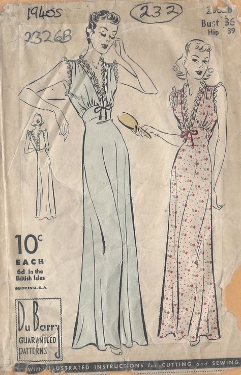 1940s Vintage Sewing Pattern B36" NIGHTDRESS-NEGLIGEE (232) | eBay Blithe Spirit, 1940's Fashion, Lingerie Patterns, Sew In Weave, Personalized Ribbon, Scale Pattern, Motif Vintage, Sewing Design, Couture Vintage