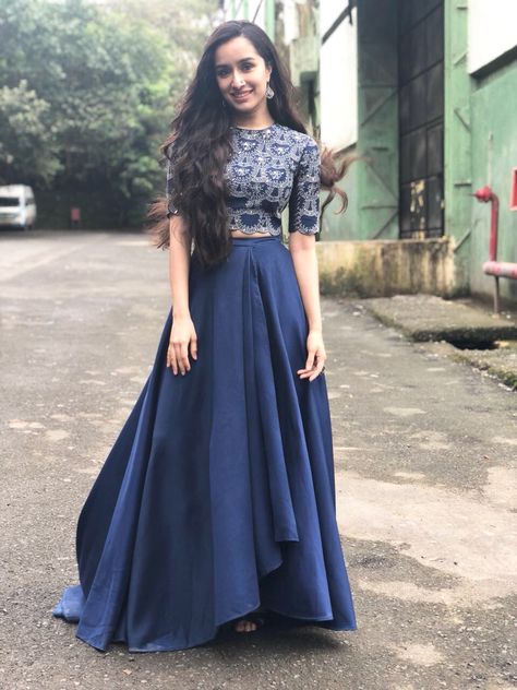 Shraddha Kapoor in AM:PM Lehenga Blue, Long Skirt Top Designs, Long Skirt And Top, Diwali Dresses, Simple Lehenga, Lehnga Dress, Long Dress Design, Party Wear Lehenga, Indian Bridal Outfits