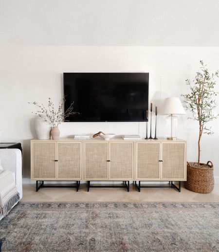 Accent Cabinet Living Room Target, Chic Tv Stand Ideas Living Rooms, Tv Over Sideboard, Media Stand Styling, Tv Console Studio Mcgee, Two Sideboards Side By Side, Two Tv Stands Side By Side, Sideboard With Fireplace, Neutral Living Room Tv Console