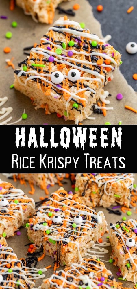 Halloween themed rice krispy treats that are purple, orange, green, white and black with monster candy eyes Halloween Rice Krispy Treats, Halloween Rice Krispy, Halloween Desserts Kids, Halloween Rice Crispy Treats, Halloween Rice Krispies, Fun Halloween Snacks, Fun Halloween Desserts, Halloween Rice Krispie Treats, Halloween Party Treats