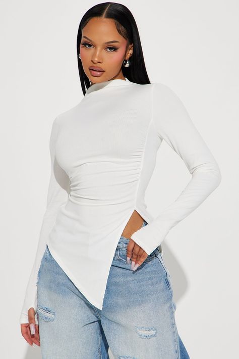 Harmony Ribbed Top - Ivory Asymmetrical Top Outfit, White Long Sleeve Top, Classy Casual Outfits, Classy Casual, High Neck Long Sleeve, Ribbed Top, Curve Dresses, White Long Sleeve, Fashion Advice