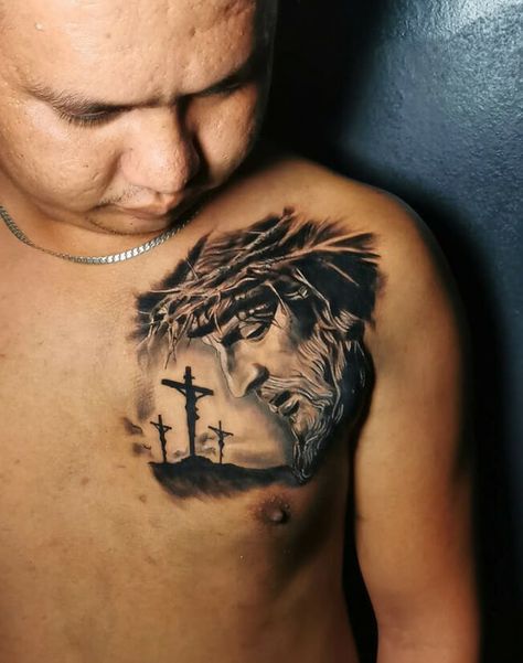 Jesus Christ Inspiring Tattoo Ideas Men Jesus Chest Tattoo, Chest Tattoo Quotes, Respect Tattoo, Motivational Tattoos, Challenges In Life, Create A Tattoo, Half Sleeve Tattoos Drawings, Timeless Tattoo, Comic Tattoo