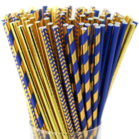 PRICES MAY VARY. Includes 100 pcs of Blue and Gold Decorative Paper Straws - 25 pcs of each Gold Striped and Chevron straws, 25 pcs of each Gold Straws and Navy Blue Straws. These party straws are vibrant and fancy, a must-have for a celebration or daily use 7.75 inch long, 0.25 inch in diameter - Standard size of a straw that can perfectly fit in any drinking utensils such as tall glass cups, mason jars, cocktail & Champagne glasses Biodegradable & Disposable Drinking Straws - BPA Free, Compost Navy Themed Party, Navy Decorations Party, Navy Blue And Gold Birthday Decorations, Blue And Gold Graduation Party Decor, Blue And Gold Party Ideas, Royal Blue And Gold Party Decorations, Navy And Gold Graduation Party, Blue And Gold Party Decor, Blue And Gold Graduation Party Ideas