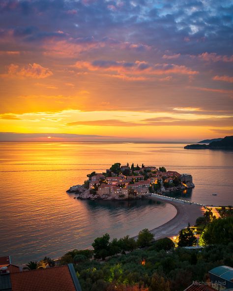 Sveti Stefan island in Montenegro during a beautiful sunset Sveti Stefan, Beautiful Europe, Places In Europe, Glass Print, Adriatic Sea, Fine Arts Posters, Beautiful Sunset, Art Poster, Beautiful Places