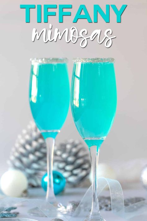 Appetizers In Champagne Glasses, Tiffany Blue Cocktail Drink Recipes, Tiffany Blue Drinks Cocktails, Tiffany Blue Mimosa, Cotton Candy Mimosa Bar, Tiffany Mimosa Recipe, Blue Mimosa Bar, Summer Mimosa Recipe, Blue Mixed Drinks Alcohol