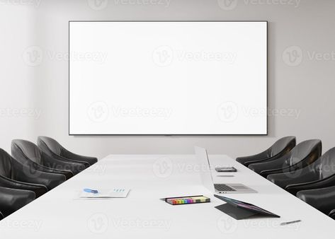 Conference room with blank, empty TV screen. Monitor mock up. Business meeting room with LCD screen for presentation, advertising. Modern, contemporary office. Free, copy space, template. 3d rendering Business Meeting Room, Conference Room Background, Space Template, Modern Contemporary Office, Save The Date Pictures, Black Background Design, Online Interview, Office Team, Tv Screen