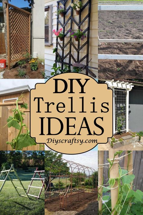 33 Easy DIY Trellis Ideas - DIYS Craftsy Trellis Diy Cheap, Diy Trellis For Wisteria, Diy Flower Trellis Ideas, Unique Trellis Ideas Climbing, Square Trellis Ideas, Diy Climbing Plant Arch, Tree Trellis Ideas, Making A Trellis Diy, Upcycled Trellis Ideas