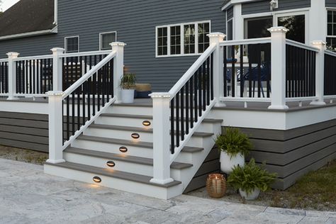 Black Front Stairs Exterior, Timbertech Deck Ideas, Deck Stairs Ideas, Front Steps Ideas, Deck Redo, Front Porch Stairs, Composite Railing, Backyard Decks, Azek Decking