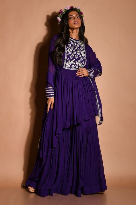 Shop for Aksh Purple Georgette Embroidered Kurta Sharara Set for Women Online at Aza Fashions Luxury Purple Banarasi Silk Sharara, Luxury Purple Sharara With Mirror Work, Luxury Purple Georgette Sets, Luxury Purple Traditional Wear With Weaving Work, Luxury Lavender Sharara For Party, Luxury Purple Sets For Diwali, Luxury Purple Traditional Wear For Festive Season, Luxury Purple Mirror Work Sharara, Luxury Lavender Designer Wear Sharara