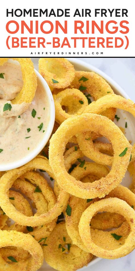 Make delicious beer-battered onion rings in the air fryer! Our recipe for air fryer onion rings is easy and makes minimal mess. Air Fried Onion Rings Recipe, Homemade Onion Rings Air Fryer, Air Fryer Onion Rings Recipe Easy, Onion Rings Batter Recipe, Onion Rings Air Fryer, Onion Rings Recipe Easy, Air Fryer Onion Rings, Easy Dinner Sides, Recipe For Air Fryer