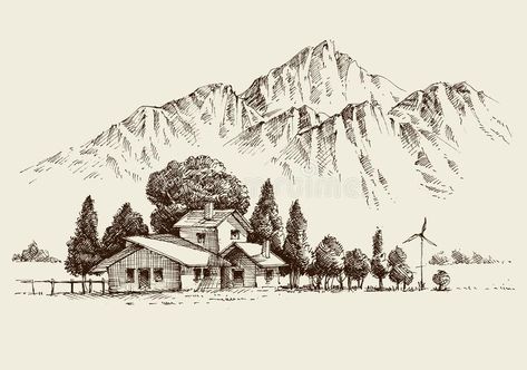 Ranch Drawing, Mountain Engraving, Countryside Sketch, Mountain Drawings, Farm Drawing, Mountains Background, Mountains Drawing, House Exterior Drawing, Mountain Sketch