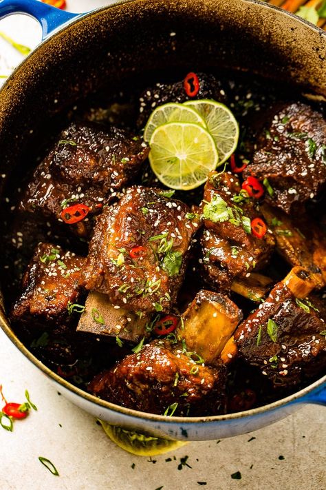 Shortribs Korean, Short Ribs Recipe Oven, Oven Braised Short Ribs, Short Ribs Dutch Oven, Korean Short Ribs Recipe, Korean Short Ribs, Braised Short Ribs Recipe, Oh Sweet Basil, Asian Beef