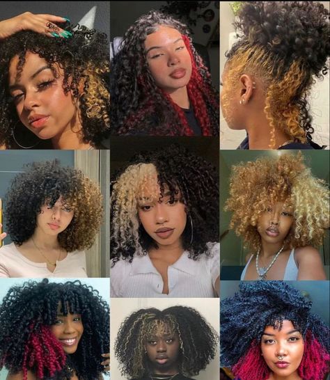 Different Hair Dye Styles Curly Hair, Colored Hair Ideas For Black Women, Mixed Curly Hair Dye Ideas, Different Color Hair Ideas Black Women, Curly Hair Afro Hairstyles, Natural Colored Hair For Black Women, Dye Styles For Curly Hair, Died Hairstyles Hair Dye Curly, Coily Hair Color Ideas