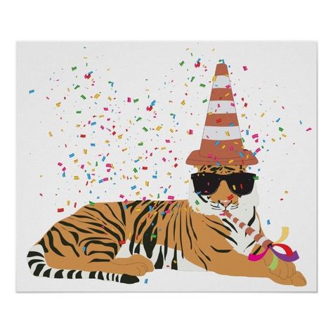 Tiger Partying - Animals Having a Party Poster  Zazzle Birthday Gift Ideas For Him, Tiger Birthday Party, Party Horns, Tiger Birthday, 41st Birthday, Funny Postcards, Birthday Gifts For Best Friend, Party Poster, Kids Room Art