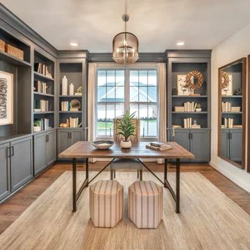 Office Dark Wood, Built In Office, White Board And Batten, Dark Wood Floor, Office Wall Colors, Transitional Office, Dark Wood Desk, Transitional Home Office, Office Dark