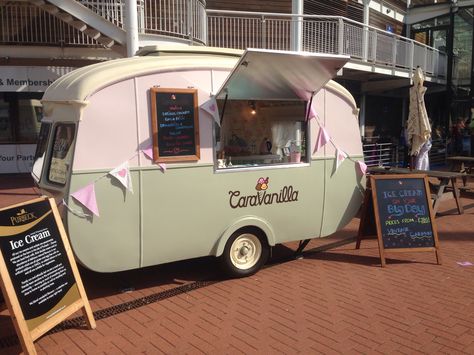 Vintage 1960s caravan beautifully restored in to an ice cream van. Available to hire for your big day x Vintage Trucks Chevy, Vintage Food Truck, Ice Cream Trailer, Foodtrucks Ideas, Mobile Bars, Ice Cream Business, Coffee Trailer, Coffee Van, Truck Cakes