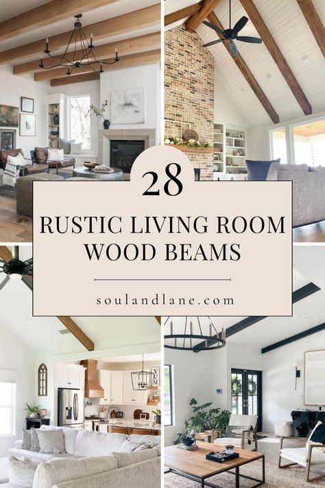 Infuse your living room with rustic charm using our wood beams inspirations. From reclaimed timber to hand-hewn accents, explore a variety of designs that add warmth and character to your space. These inspirations promise to create a cozy ambiance, reminiscent of a countryside retreat, perfect for unwinding and gatherings with loved ones. Vaulted Beams Living Room, Real Wood Beams On Ceiling, Wood Beams In Great Room, Corner Beams Living Rooms, Farmhouse Living Room With Beams, Ceiling Fan On Beam Living Rooms, Living Room Wooden Beams, Living Room With Wooden Beams, Living Rooms With Beams On Ceiling