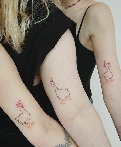 Matching Goose Tattoos, Best Friend Trio Tattoos, Three Friends Tattoo, 3 Friend Tattoos, Three Sister Tattoos, Siblings Tattoo For 3, Matching Tattoos For Siblings, Goose Tattoo, Brother And Sister Tattoo Ideas